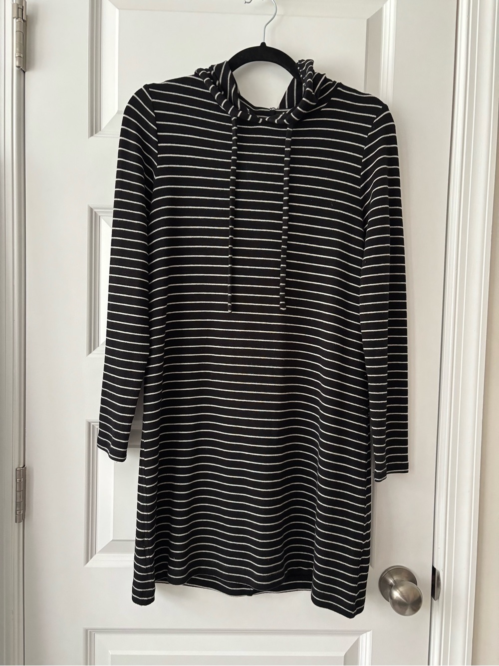 Lou & Grey Black and White Striped Hooded Shift Dress